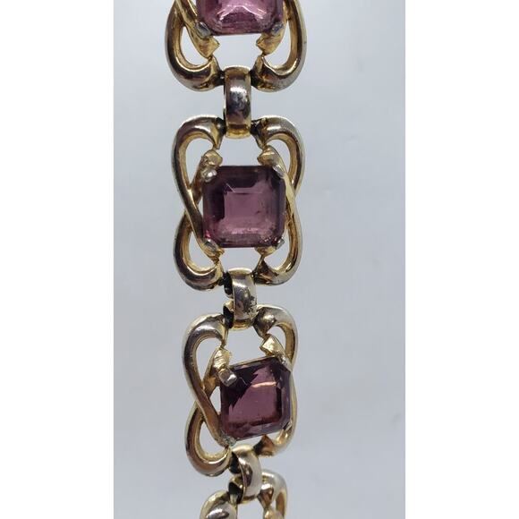 Vintage Link Bracelet Gold Wash Big Purple faceted Glass Stones Chunky Wide 60s - Picture 7 of 10